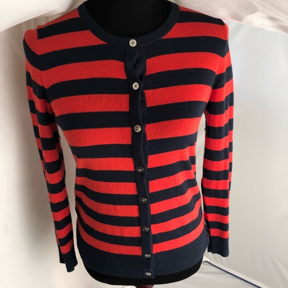 Ann Taylor striped button front cardigan navy and tomato red